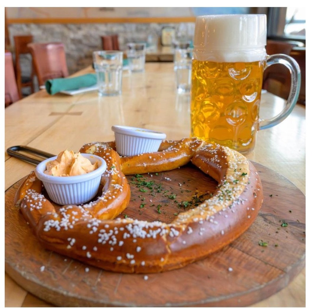 Bavarian pretzel and beer at Alpine House Basalt
