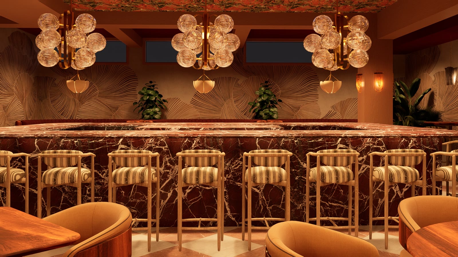 Rendering of the long red marble bar at Guest House Aspen, lined with striped bar stools under glass-globe chandeliers