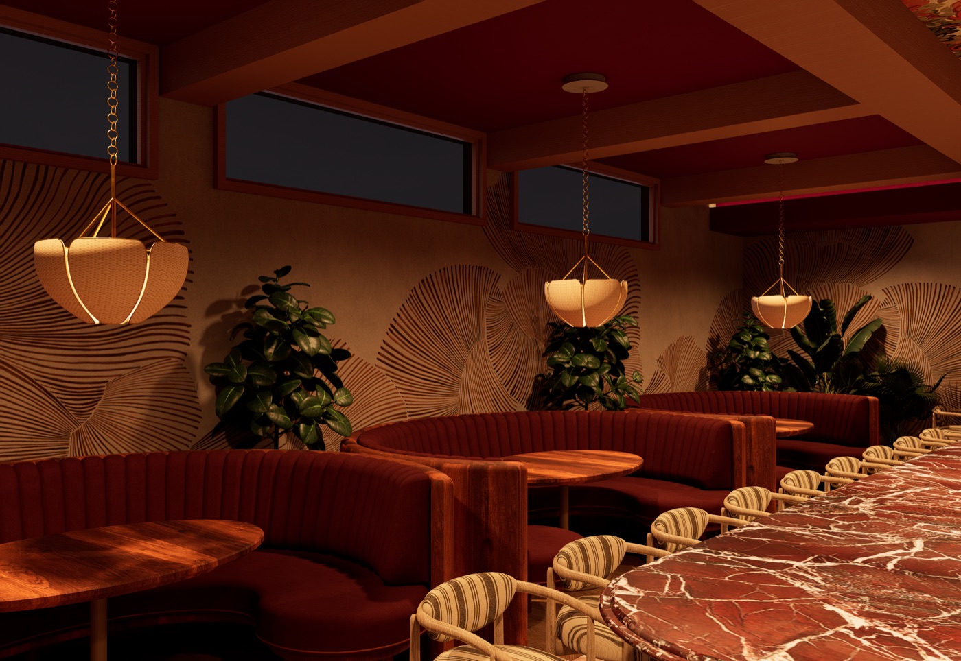 Rendering of booth seating along the red marble bar in the Guest House Aspen dining room