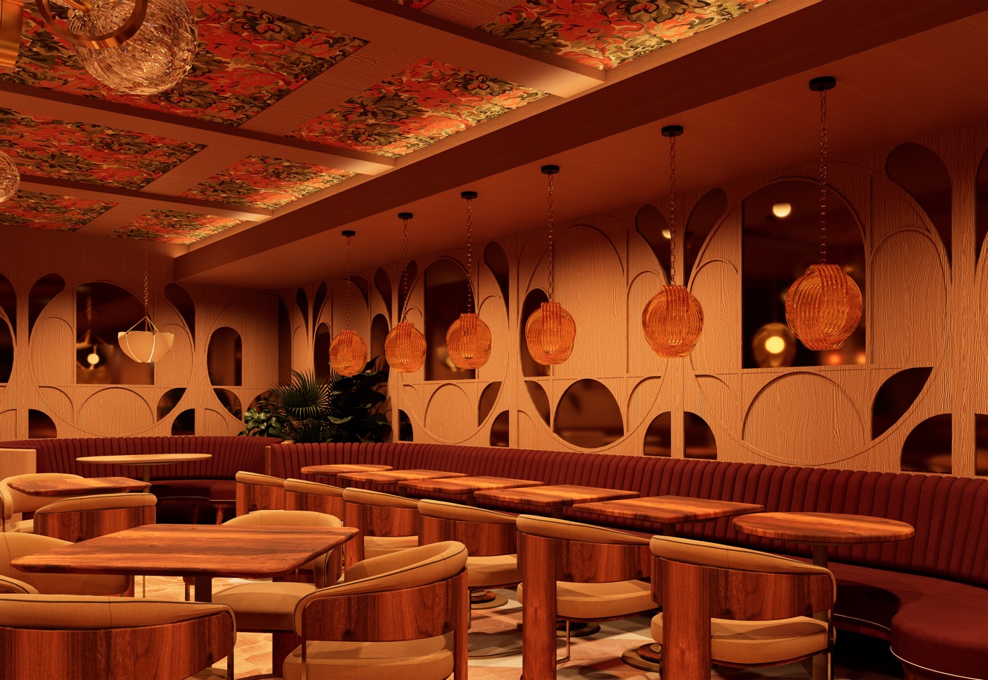 Rendering of the Guest House Aspen dining room with a sculpted arched wall, round pendant lights and long banquettes