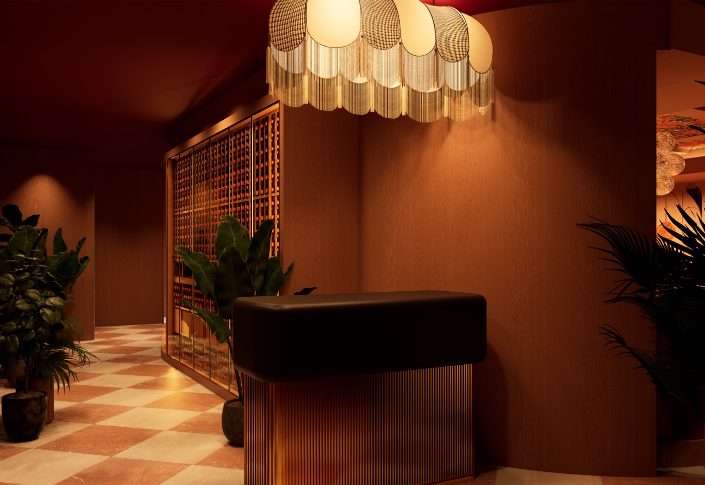 Rendering of the arrival entrance at Guest House Aspen: a host stand, a fringed pendant lamp and a checkerboard floor