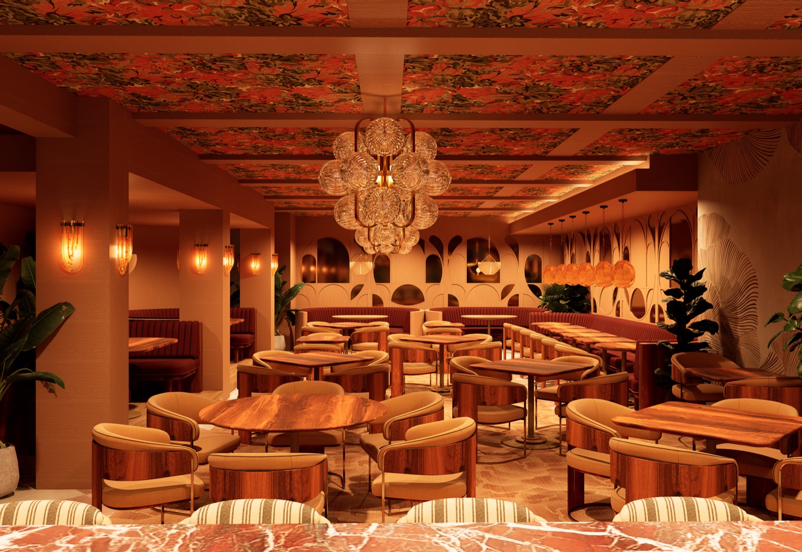 Rendering of the Guest House Aspen dining room: walnut tables and caramel leather chairs under glass-globe chandeliers and a painted floral ceiling