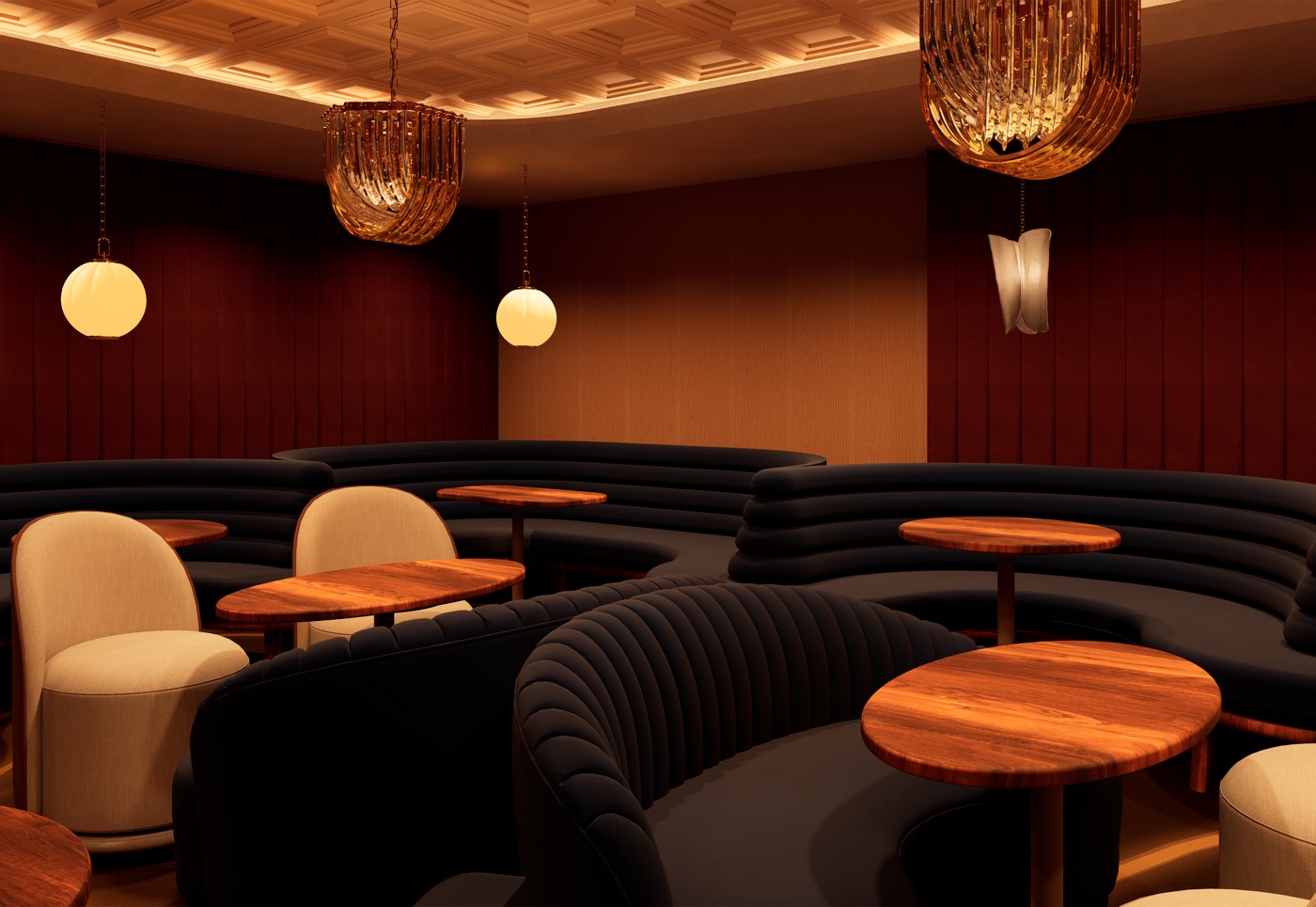 Rendering of curved velvet booths and round walnut tables in RSVP, lit by globe pendants