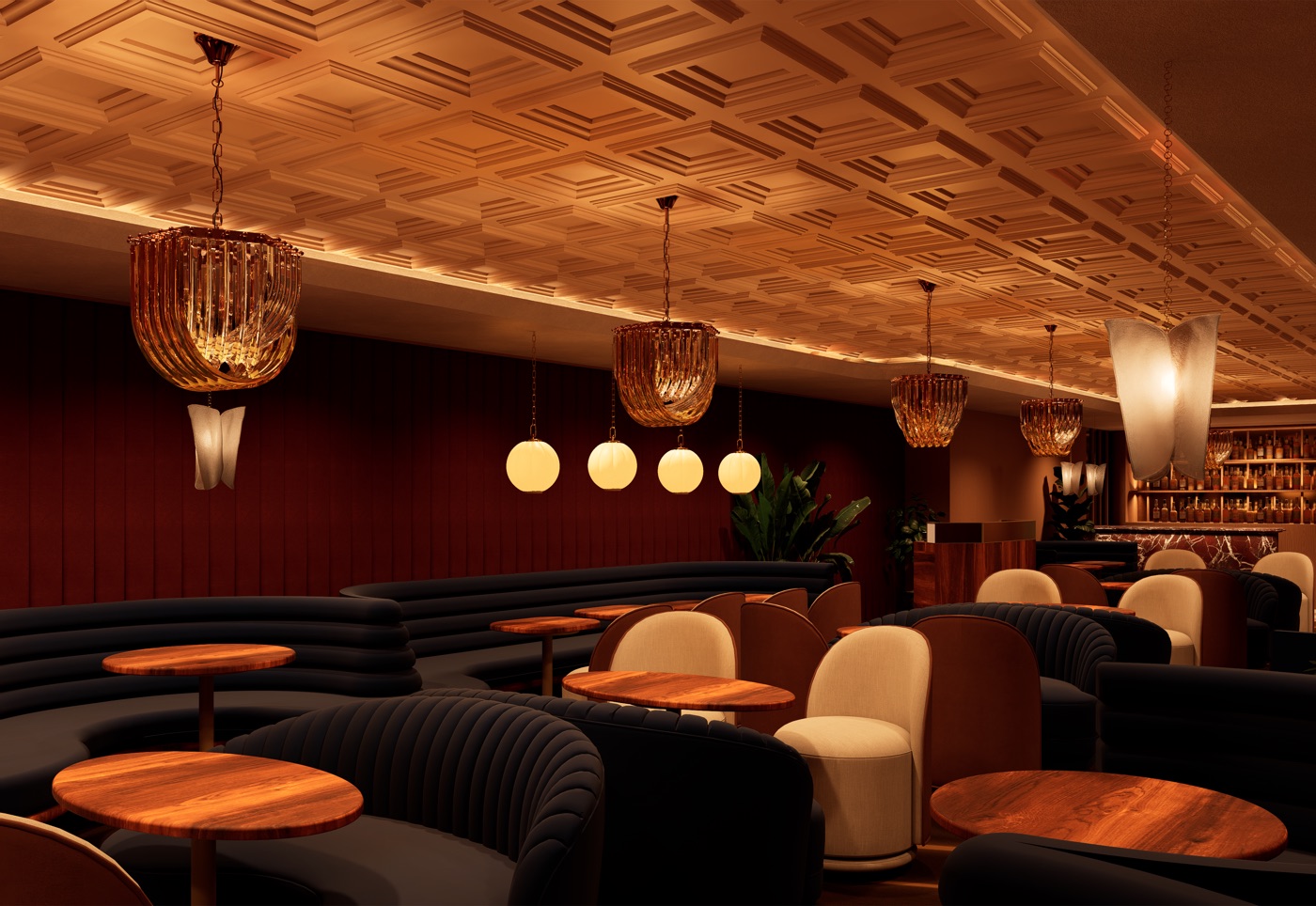 Rendering of RSVP, the lounge at Guest House Aspen: dark velvet booths, cream armchairs and a tiered crystal chandelier under a coffered ceiling