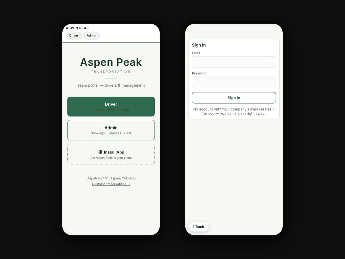 Aspen Peak team app: driver and admin portal on a phone