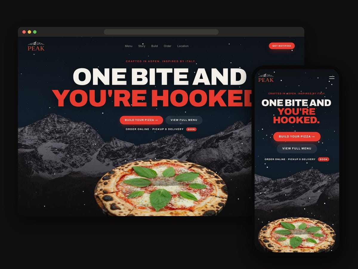 Aspen Peak Pizza website with a 3D pizza over winter peaks