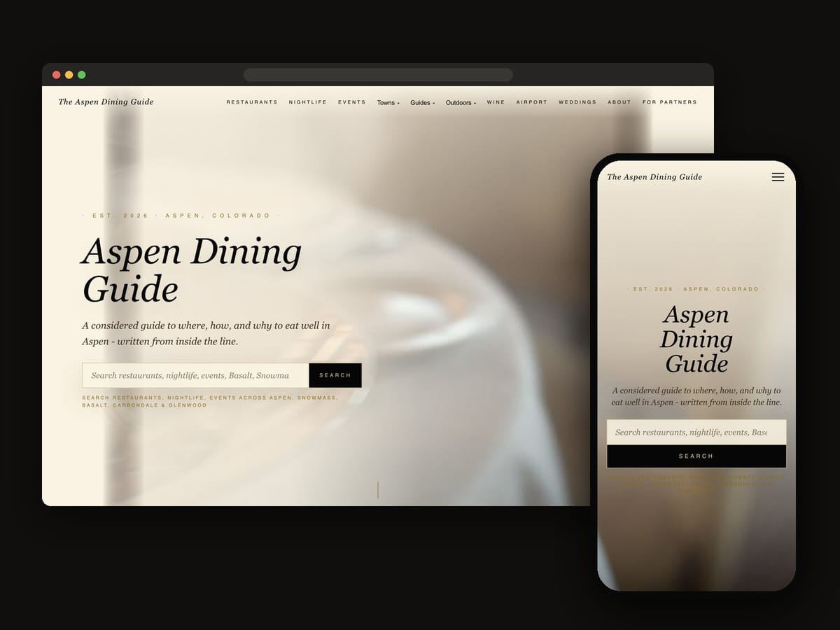 The Aspen Dining Guide website on a laptop and a phone